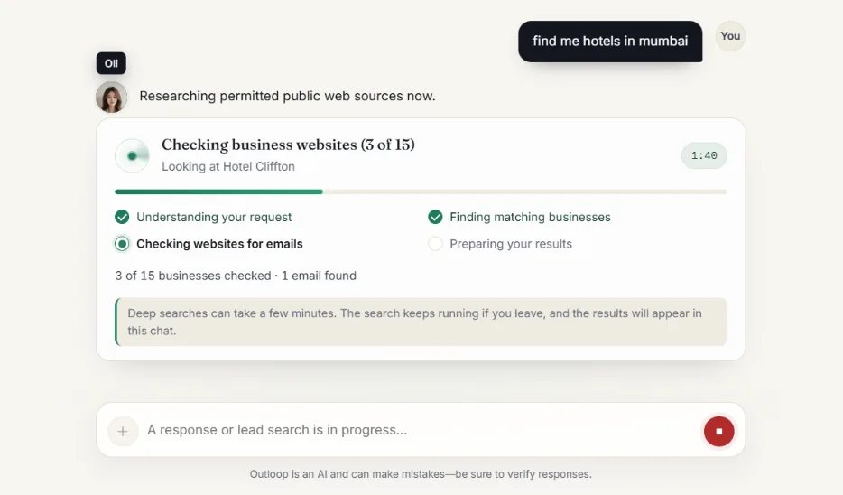 Outloop chat returning qualified companies for a plain-English lead search