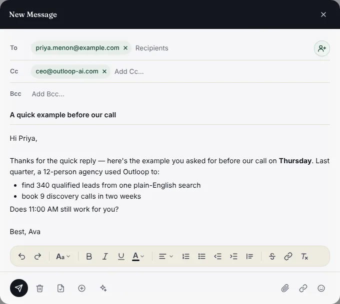 Outloop email composer with rich-text formatting